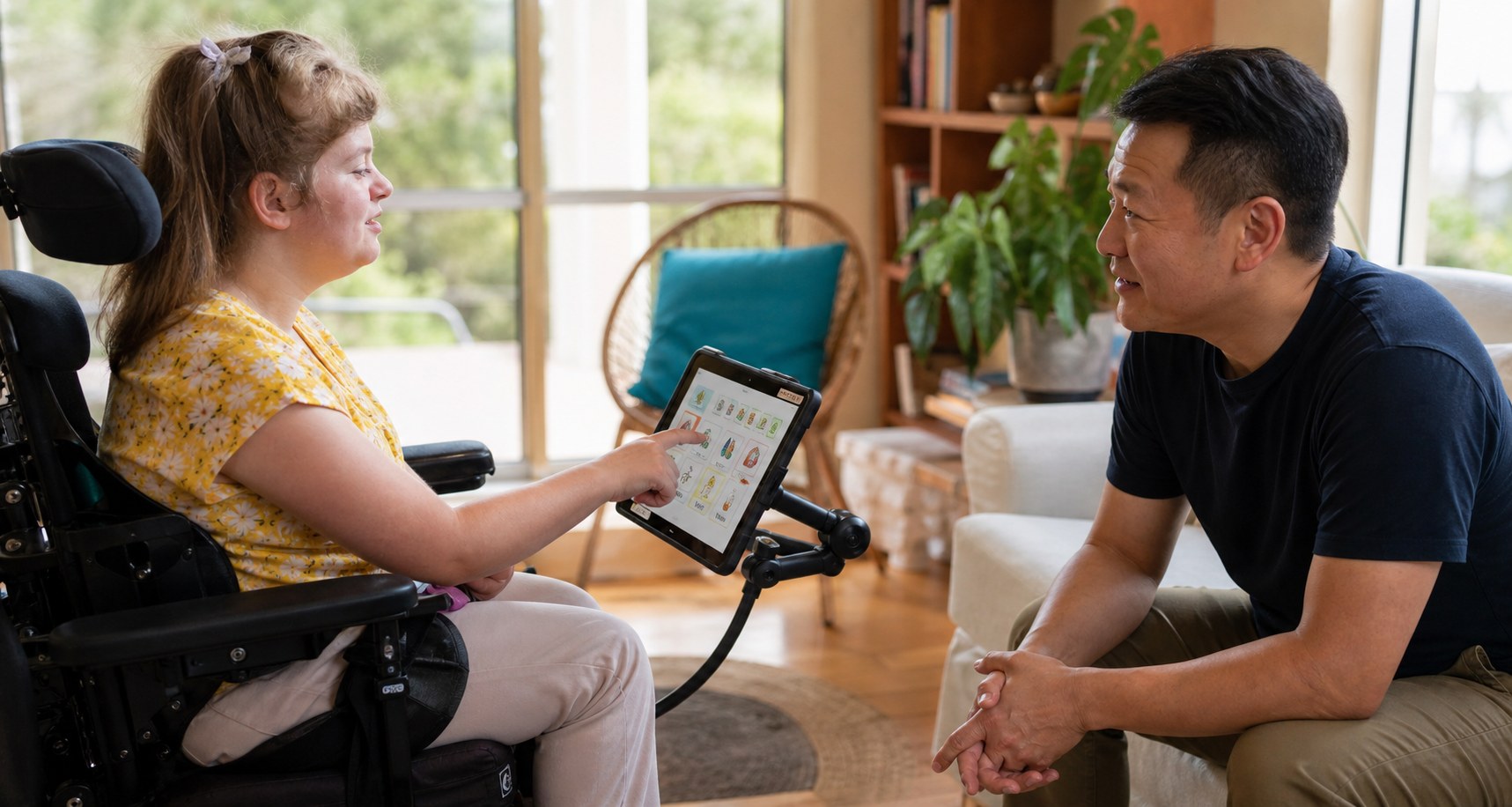 A participant using an AAC communication device to make a daily choice while a support worker listens