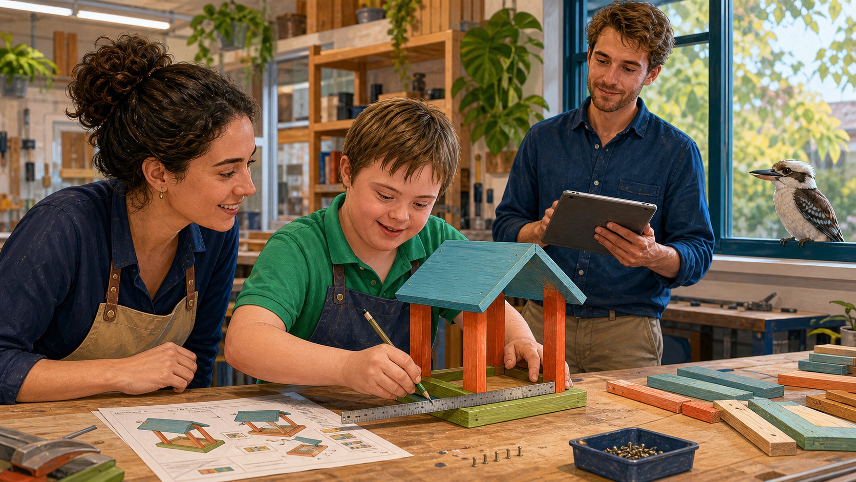 A school-aged child measuring and building a bird feeder with two facilitators in a community makerspace