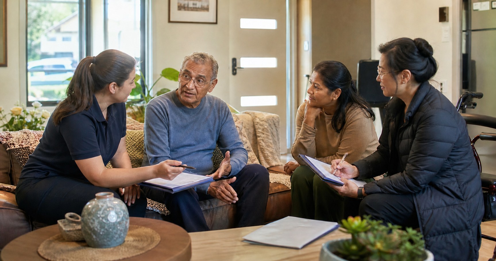 An older participant discussing a return-home plan with a family member and support professionals